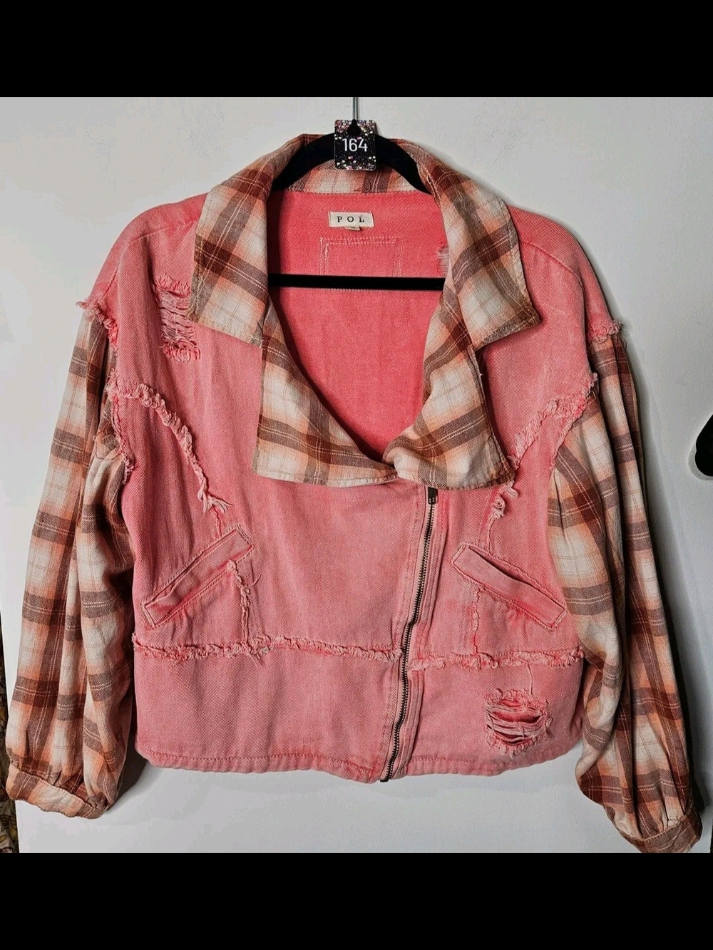 POL Pink Distressed Jacket with Plaid Trim
